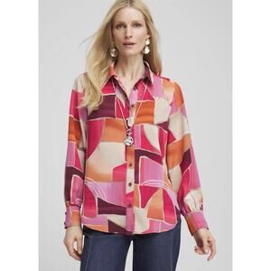 Chico's XL geometric bohemian career business casual long sleeve button relaxed